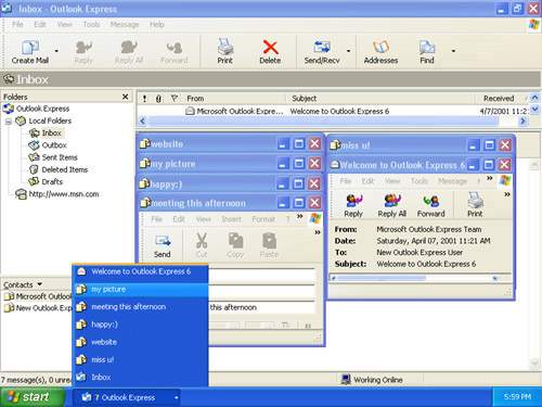 The Taskbar is kept tidy by consolidating multiple open windows, such as e-mails, into a single button on the taskbar