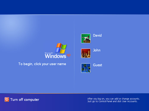 The Windows Welcome screen, displaying buttons for three different user accounts and the button to turn off your computer