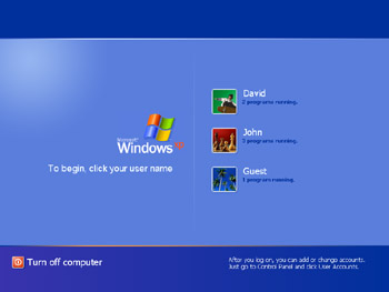 The Windows log Welcome screen, displaying buttons for three different user accounts. Use these buttons to switch quickly between users